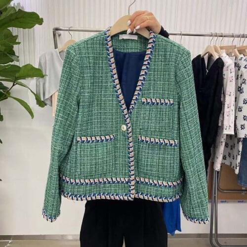 Suit Coat Womens 2021 Autumn New Korean Slim Temperament Single Breasted V-neck Tweed Short Coats Jackets Women Clothes Femme
