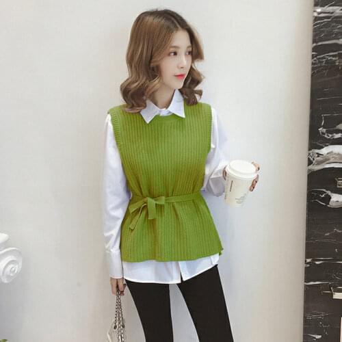 2021 Spring Autumn New Solid Suit Chic Belted Knitted Vest + Fashion O Neck Long Sleeve Shirts Outfits Women 2 Piece Set Q856