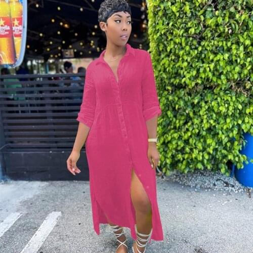 Women Solid Button Long Shirt Dress Long Sleeve Turn Down Collar Maxi Dress 2021 Autumn Female Asymmetric Hems Loose Vestido