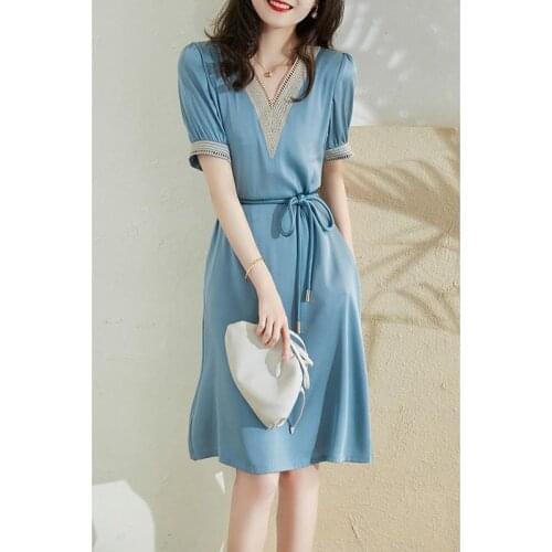 Womens Dress Summer V-Neck Cut Out Dress Fashion Short Sleeve Lace Up Korean Temperament Slim Dress Sexy Womens Wear