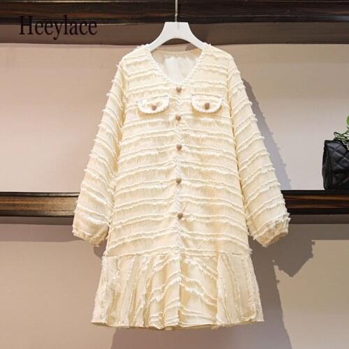 Plus size women autumn apricot loose dress 2020 fashion streetwear V-neck casual button tassel long-sleeved dress ladies clothes