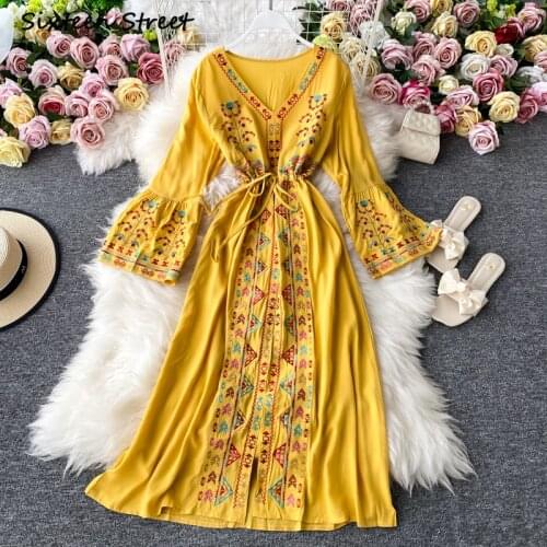 Dresses for Women Embroidered V Neck Loose Flare Sleeves Y2k Clothing Women Long Sleeve Dress Female Sexy Vestido De Mujer 2021