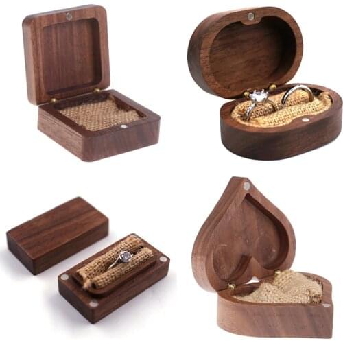1Pcs Wedding Wood Rings Jewelry Organizer Display Travel Case Portable Storage Heart/Square Shape Box Walnut Packaging