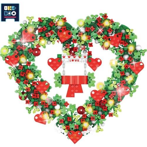 808PCS City Valentines Day Love Heart Shaped Wreath Building Blocks Lights Surprise Romance Figures Bricks Toys For Girls Gift
