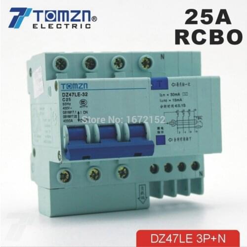 DZ47LE 3P+N 25A 400V~ 50HZ/60HZ Residual current Circuit breaker with over current and Leakage protection RCBO