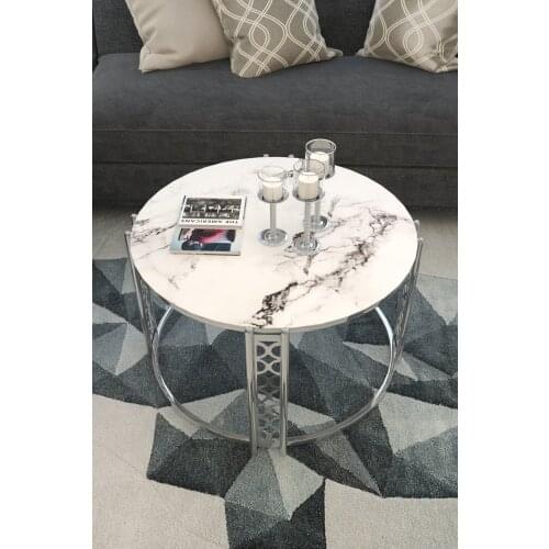 White Marble Patterned Barlas Lux Stylish Silver Medium Tripod wohnzimmertisch طاولة غرفة معيشة столик из стекла