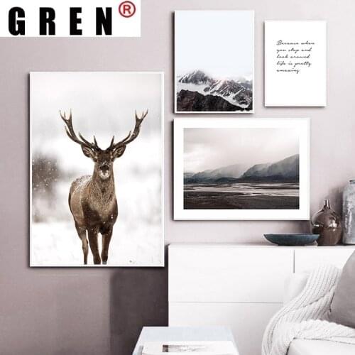 GREN Nordic Deer Mountain Canvas Nature Painting Wall Art Print Poster Picture Modern Bedroom Home Decor