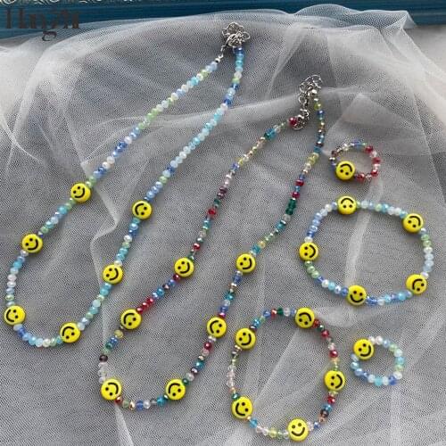 HangZhi 2021 New Korea Colorful Transparent Crystal Smiley Beaded Choker Rings Bracelet Necklace for Women Girls Party Jewelry
