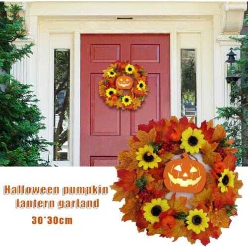 Halloween Artificial Fall Wreath Glowing Pumpkins Light Garland Hanging Ornament Halloween Decoration for Home Front Door Porch
