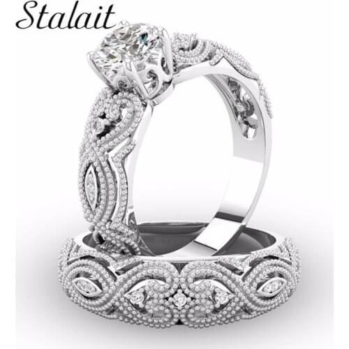 Engagement Ring Sets Elegant Fashion Jewelry White Cubic Zirconia Crystal Silver Color Wedding Rings Bague Femme