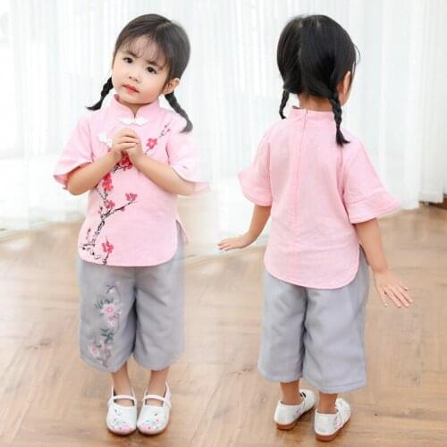 2019 New Summer Tang Suit Girl Vintage Short Sleeve + Eight Pants 2pcs National Costumes Classical Dance Costume Kids SL1183