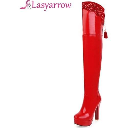 Lasyarrow Women High Heels Boots Sexy Patent Platform High Heel Over The Knee Boots For Women Ladies Pole Dancing Boots Size 48