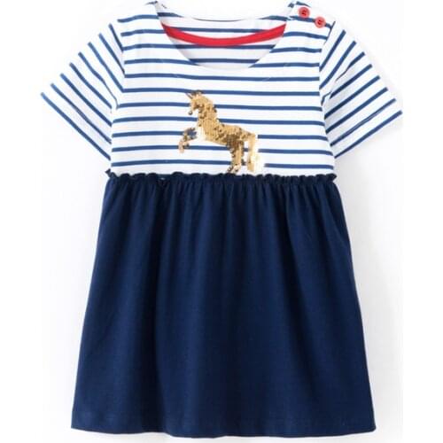 Little Maven New Summer Kid Blue Sequins Horse Striped O-neck Girls 2-7yrs Short-sleeved Cotton Patchwork Knitted Casual Dresses