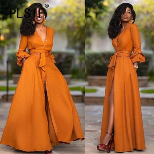 Fashion V Neck Fit And Flare Sexy Long Maxi Dress Full Sleeve Party Club High Split Long Maxi Dresses