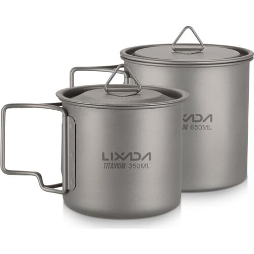 Lixada Ultralight Titanium Cup Outdoor Portable 2PCS Cup Set 350ml 650ml Camping Picnic Water Cup Mug with Foldable Handle