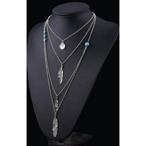Vintage Feather Necklace Bohemian Multilayer Necklace For Women Jewelry Necklaces & Pendants Ancient Silver Color Necklace S211