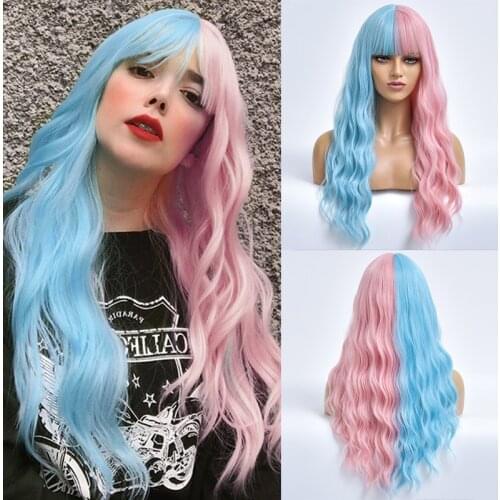 Half Blue Pink Long Wave Cosplay Hair Synthetic Wigs With Bangs For White Women Daily Heat Resistant Natural Female Fiber Wig