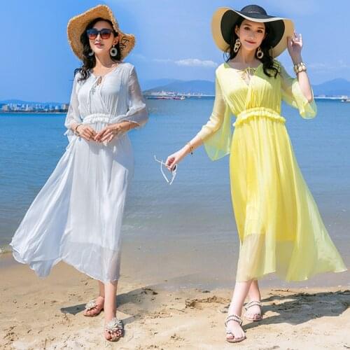 High Quality Maxi Dresses for Women Summer 2021 100% Silk Beach Dress Female White Dress Elegant Vestido De Mujer Pph4994