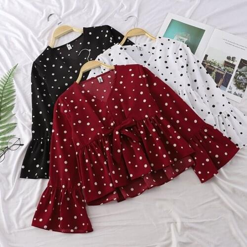 Women Summer Autumn V-Neck Slim High Waist Bow Shirt Elegant Lace Up Bandage Flare Sleeve Pullover Polka Dot Ruffles Blouse Tops