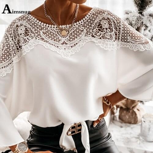 2021 New Patchwork Lace Women Shirt Blouse Long Sleeve Hollow Out White Blouse Ladies Elegant Leisure Casual Top Femme Clothing