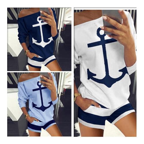 2021 Cross Border European and American Womens T-shirt + Shorts Set Navy Anchor Printing Two-piece Set