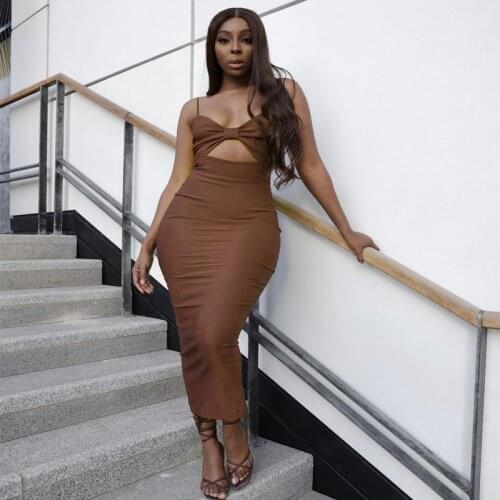 Free Shipping Wholesale Womens Dress Brown Spaghetti Strap Hollow Out Sexy Celebrity Cocktail Party Bandage Long Dress