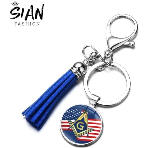 SIAN Retro Freemasonry Symbol Keychain Classic Masonic Compass Pyramid Eye Mason Glass Photo Charm Tassel Key Ring Car Key Chain