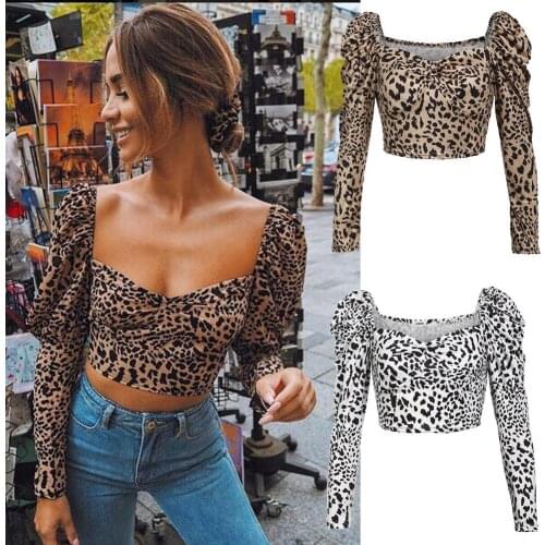 Sexy Leopard Short Shirts Blouse Women Scoop Neck Long Sleeve Crop Tops Vintage Shirts Female Top and Blouses Summer Autumn