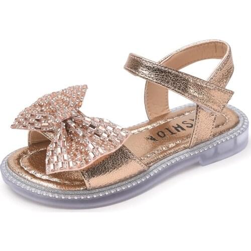 2021 Summer Princess Shoes Girls Bow-knot Fashion Rhinestone Flats Sandals Cute Sweet for Party Chic Paillette Hot Children New