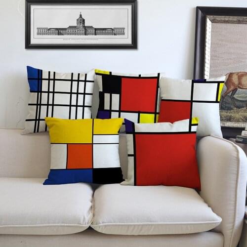 Color Art Mondrian Plaid Colour Geometric Pattern Linen Pillow Case Home Hotel Coffee Shop Sofa Decorative Cushion Cover 45x45cm