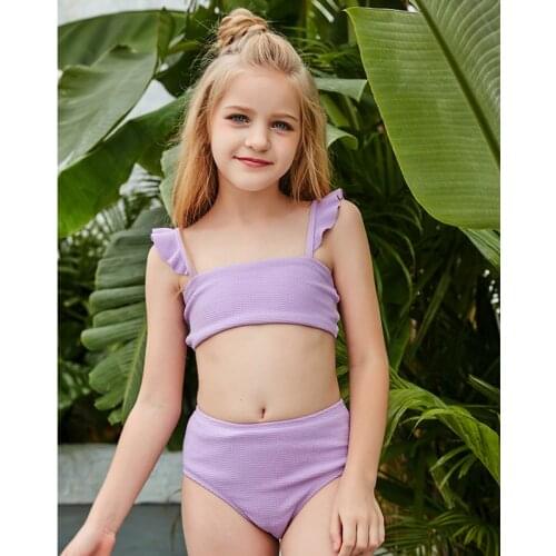 2021 Summer New Children Girls Solid Color Split Swimsuit Sleeveless Backless Low Cut Tops with Ruffles + Panties Bikinis Set