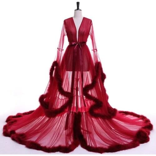 Long Bathrobe for Women Fur Robe Sweep Train Lingerie Nightgown Pajamas Sleepwear Womens Luxury Gowns Housecoat Nightwear