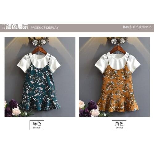 2018 New Summer Item Girl Suit Including Short Sleeve T-shirt+Flower Suspender Dress 2pcs Per Set