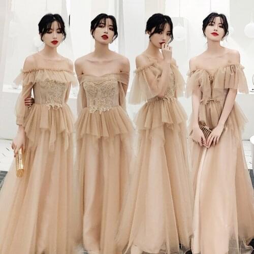 Bridesmaids Dresses Illusion Short O-Neck A-Line Embroidery Sequined Lace Tulle Off The Shoulder Women Wedding Party Gown E292