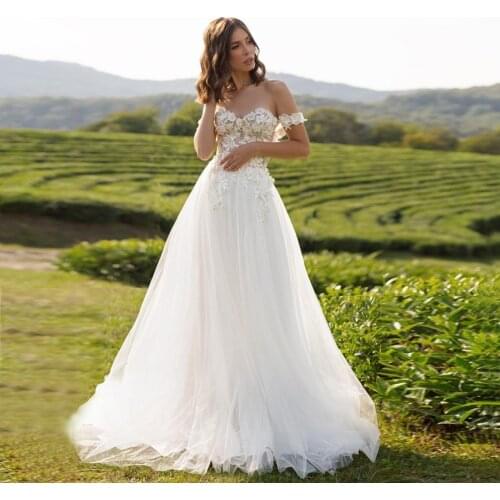 Off the Shoulder Sheer Empire Waistline Lace Applique Wedding Dress Elegant Tulle Outdoor Bridal Gowns