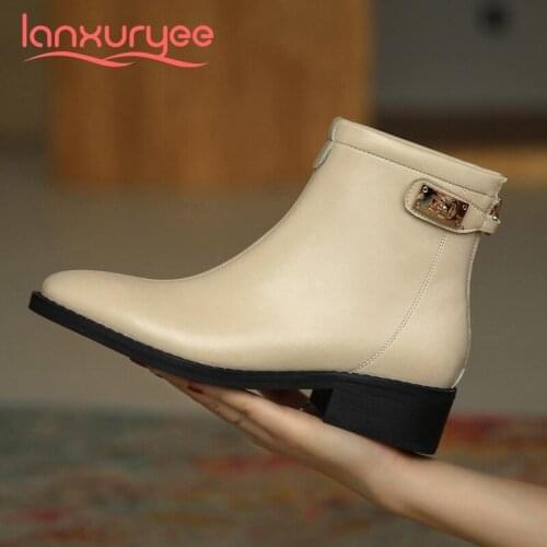 Lanxuryee concise style leisure real leather classics buckle round toe thick med heel zipper daily wear maiden ankle boots L11