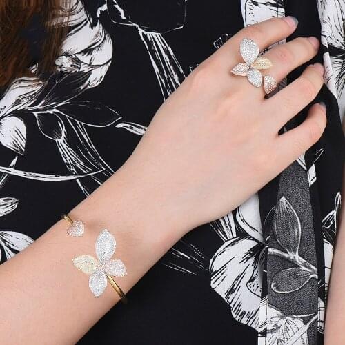 LARRAURI Flower Shape Nigerian Wedding Bracelet Ring Jewelry Sets Deluxe Full Cubic Zirconia Inlaid Adjustable Bracelet Ring Set