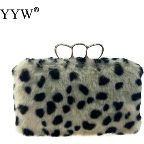 Small Clutch Purse Winter Fur Women Bag Ladies Purses Crossbody Chain Leopard Rabbit Hair Clutch Bag Soft Party Evening Bags