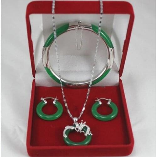 Fashionable metal silver plated micro inlaid Panlong green Malay Jade Pendant + Earrings + Bracelet Set