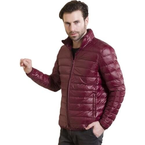 Autumn Winter mens thin down jackets Casual Stand collar White duck down coat male Solid color slim zipper outwear 3XL