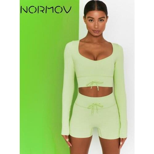 NORMOV Women Seamless Yoga Set Shorts+Long Sleeve 2-Piece Set Knitting Ribbed Tummy Control Butt Lift Push Up Sports Gym Suits