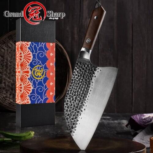 Chinese Cleaver Hand Forged 5cr15mov Stainless Steel Blade Chef Kitchen Knives Leather Scabbard Camping BBQ Cooking Chopping NEW