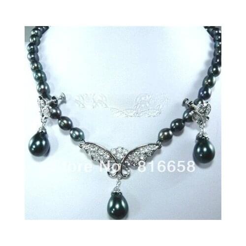 Jewelry silver fashion freshwater 7-8mm black pearl necklace earring set