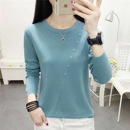 Pullover Sweaters Autumn Basic Shirts Korea Style Thin Oblique Button Sweet Girls Casual Sweaters Women Spring Knitted Sweaters