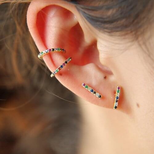 Fashion Tiny Charm Womens rainbow colorful cz Ear Cuff AAA Cubic Zirconia Clip Earrings 100% 925 silver delicate Jewelry Gift