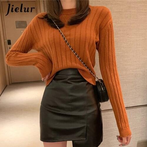 Jielur Sweater Women Autumn Winter O-neck Knitted Sweaters Basic Pull Femme Chic Slim Solid Color Short Pullovers Jumper Soft