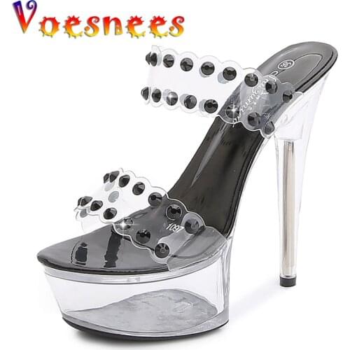 Voesnees Slipper Clear Heels For Women Fashion Show Sandals Summer New 2021 High Heels Sexy Sandalia Transparent 15cm Party Shoe