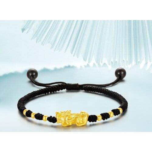 New Arrival Pure 24K Yellow Gold Bracelet Women 3D Luck Pixiu with 6pcs Smooth Bead Black Cord Weave Bracelet 1-1.5g