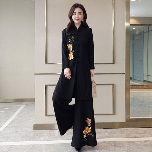 Womens Sets Two Piece 2019 Autumn Elastic Waist Embroidery Elegant Woman Pants And Blouse Set Vintage Outfits For Women AA4772