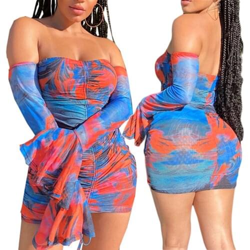 Women’s Casual Long Sleeve Short Dress Fashion Print Boat Neck Drawstring Skinny Dress 2021 New Fashion Dresses